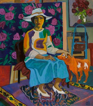 Moesey Li: 'A lady with a red dog ', 2015 Oil Painting, Portrait. realism, portrait, lady, dog, carpet, painting...